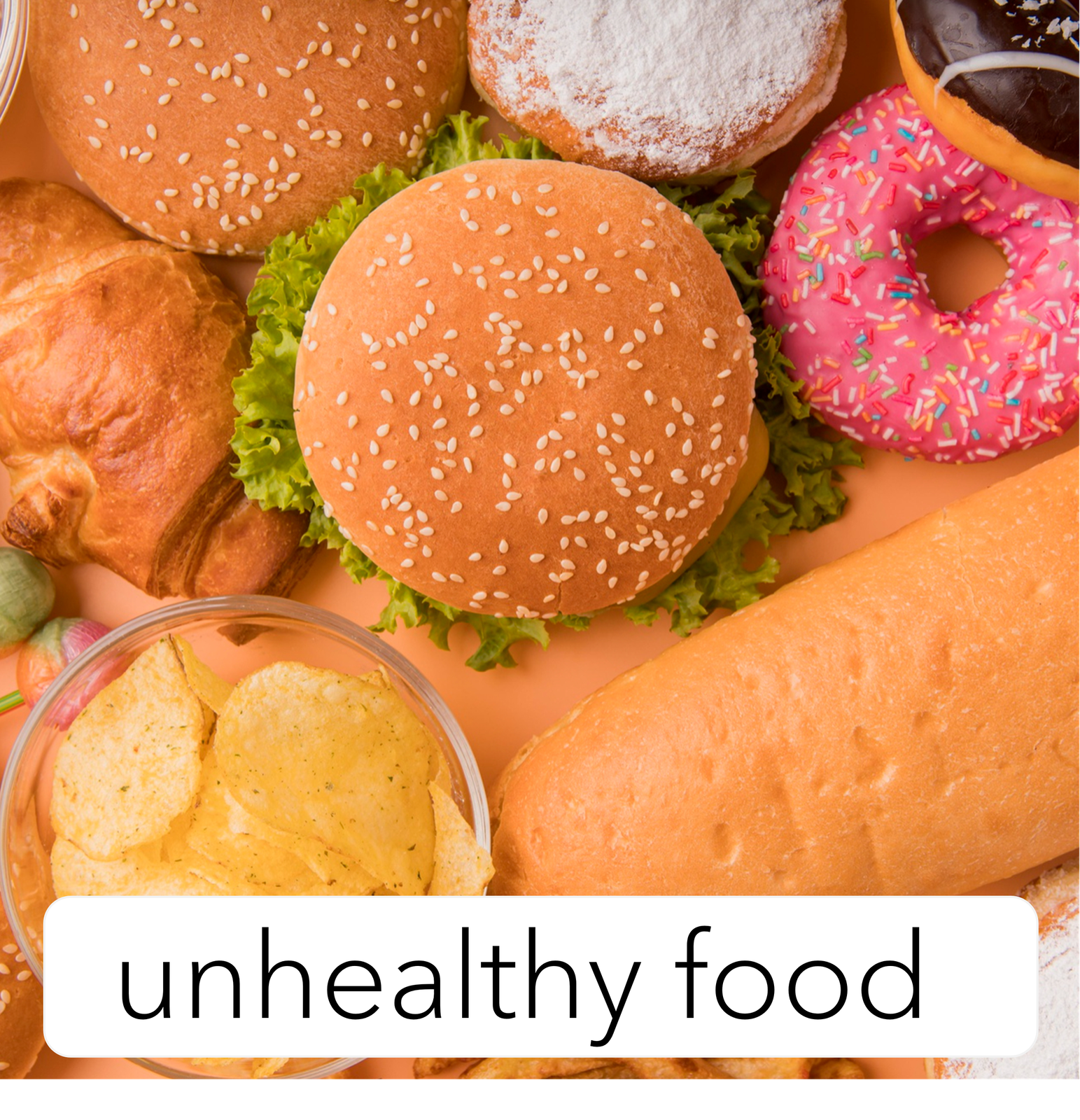 Zdjęcie przedstawia pączka, hamburgera, lizaki, miskę czipsów i białe pieczywo. Na ilustracji znajduje się u dołu podpis:  unhealthy food 