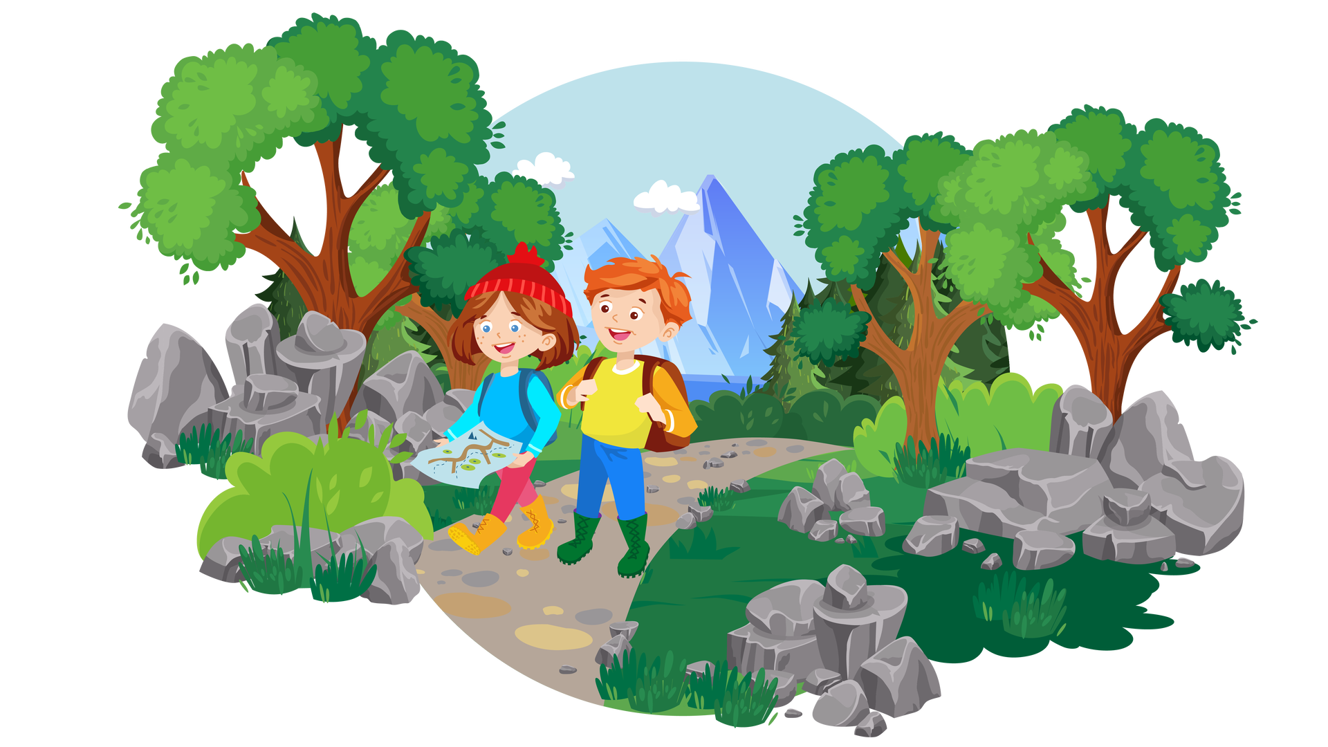 Ilustracja przedstawia górski krajobraz. W tle widać wysoką górę i niebieskie niebo z dwiema małymi chmurami. Po prawej i lewej stronie znajdują się drzewa i różnej wielkości głazy. W centralnej części ilustracji jest kamienista ścieżka, po której idą uśmiechnięci Maja i Franek. Maja ma na sobie czerwoną czapkę z pomponem, niebieską bluzkę z długimi błękitnymi rękawami, długie różowe spodnie, specjalne buty do wędrówek w kolorze żółtym oraz niebieski plecak. Franek ma na sobie żółtą koszulkę z długimi pomarańczowymi rękawami i białym kołnierzykiem, długie niebieskie spodnie, specjalne buty do wędrówek w kolorze zielonym i brązowy plecak. Maja w rękach trzyma mapę, na którą oboje spoglądają.