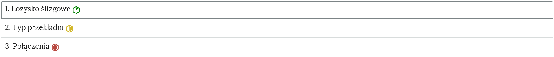 Ilustracja przedstawia przykładowy wygląd zakładek zawierających interaktywne materiały sprawdzające. Zakładki mają formę paneli ułożonych jeden pod drugim w pionowym rzędzie. Każdy panel opatrzony jest numerem oraz tytułem. Po prawej stronie od tytułu, znajduje się znaczek określający poziom trudności.