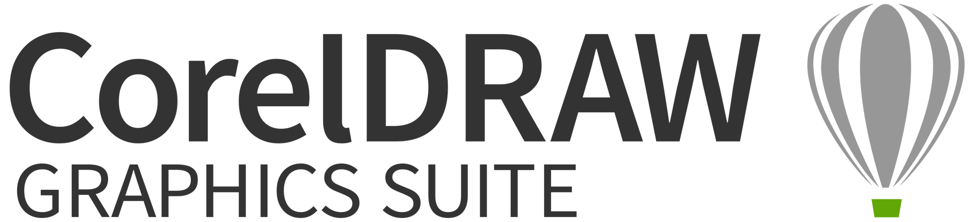 Grafika przedstawia logo programu CorelDraw. Pośrodku znajduje się napis z czarnych liter CorelDRAW (górny wers) i Graphics Suite (dolny wers). Na prawo od napisu schematycznie pokazany balon w szaro‑białe pasy, z zielonym koszem.