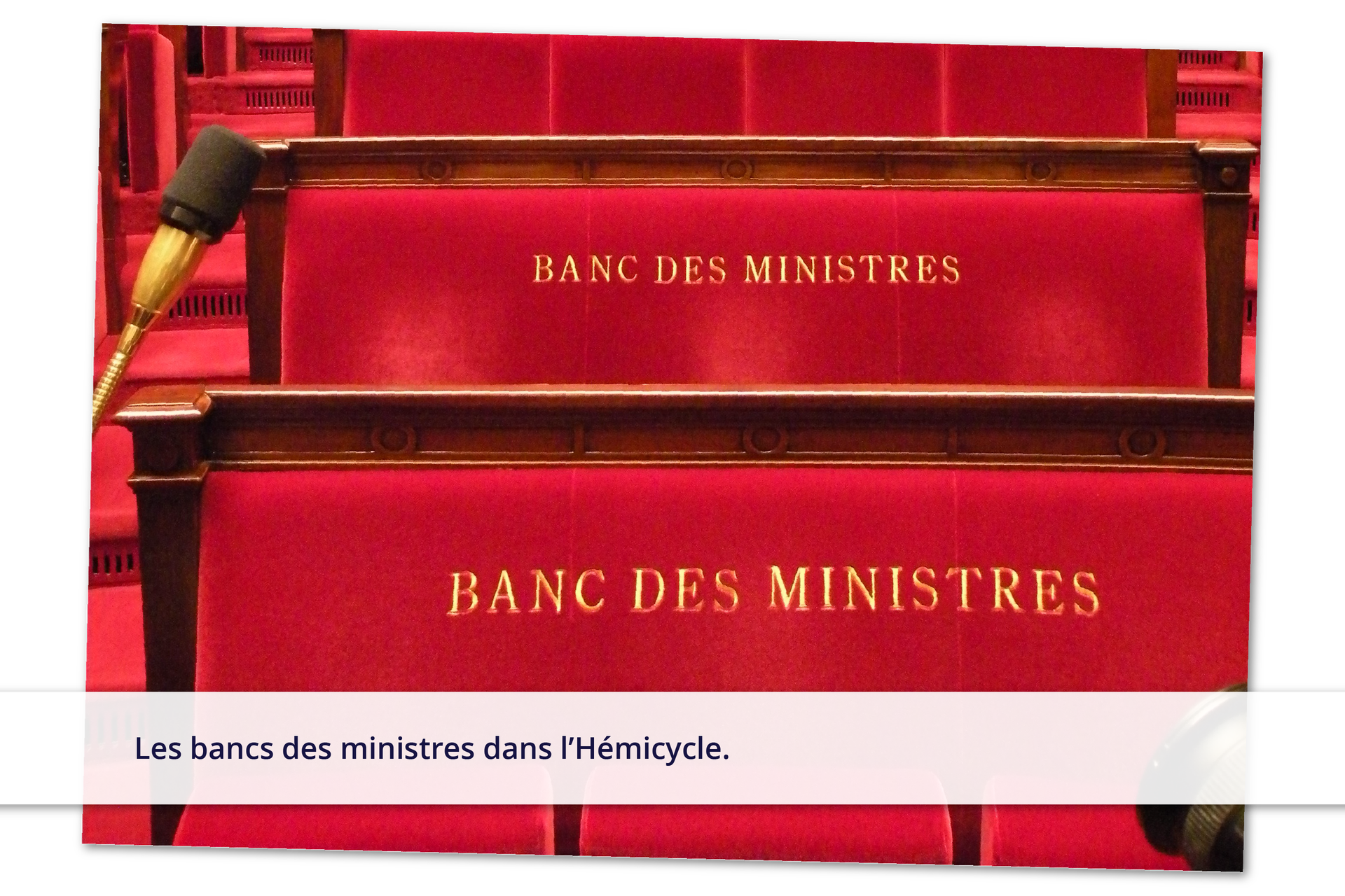 Ilustracja przedstawia ławki ministrów w sali posiedzeń plenarnych. Każde oparcie siedzenia podpisane jest BANC DES MINISTRES. Podpis pod ilustracją Les bancs des ministres dans l'Hémicycle.
