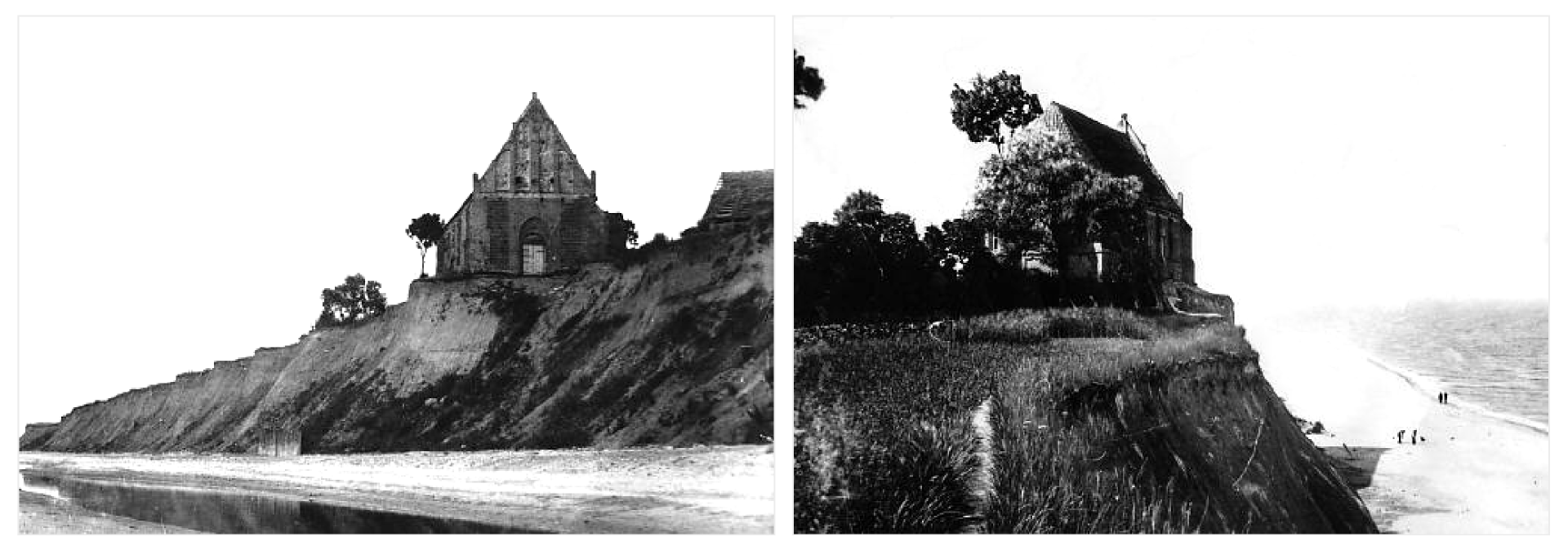 Na dwóch czarno-białych zdjęciach brzeg morski. Na szczycie wydmy budynek kościoła i drzewa. W dole dość szeroka plaża i morze.