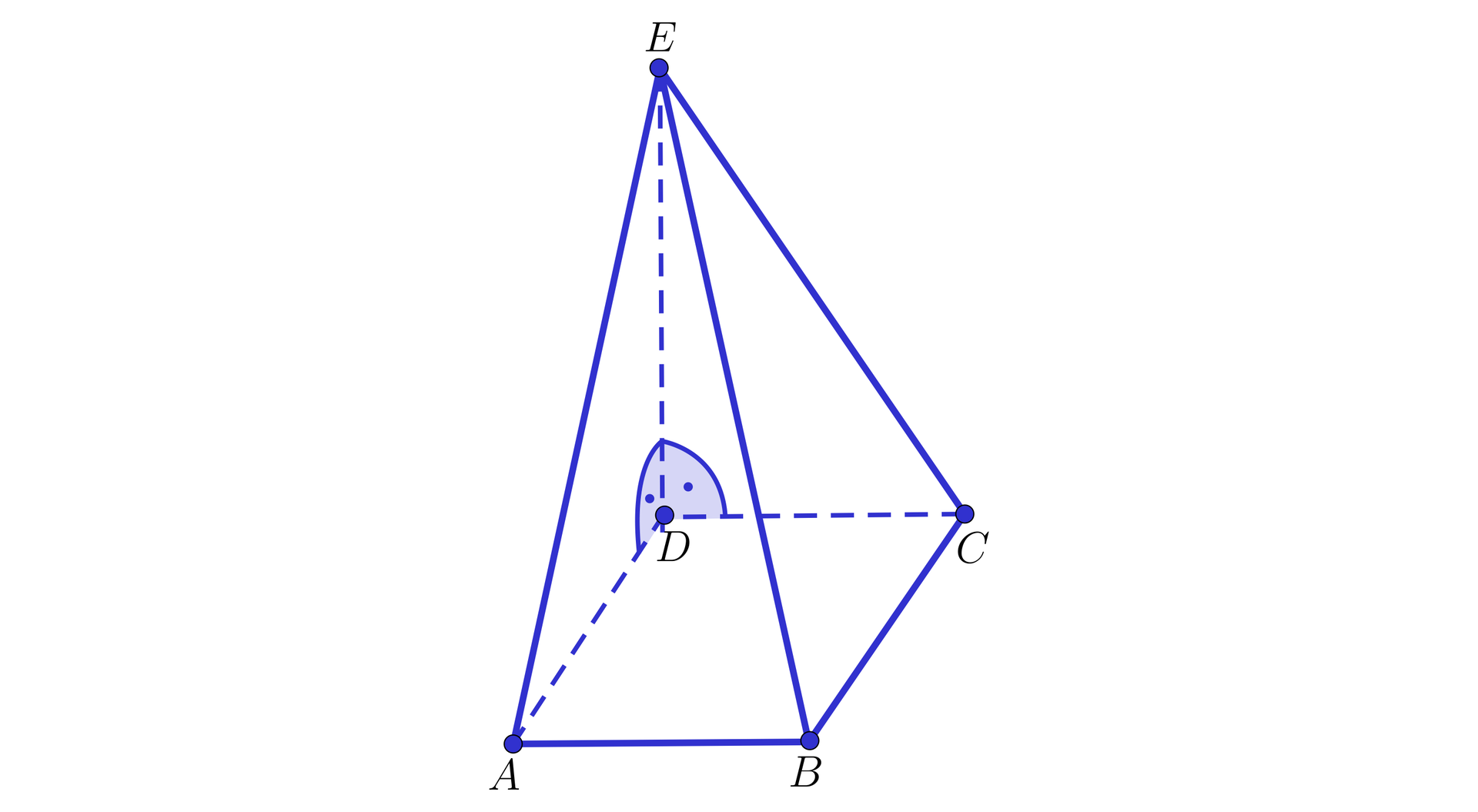 Ilustracja przedstawia ostrosłup. A B C D E. Posiada cztery ściany boczne. Krawędź dwóch z nich tworzy wysokość ostrosłupa i są prostopadłe do podstawy. 
