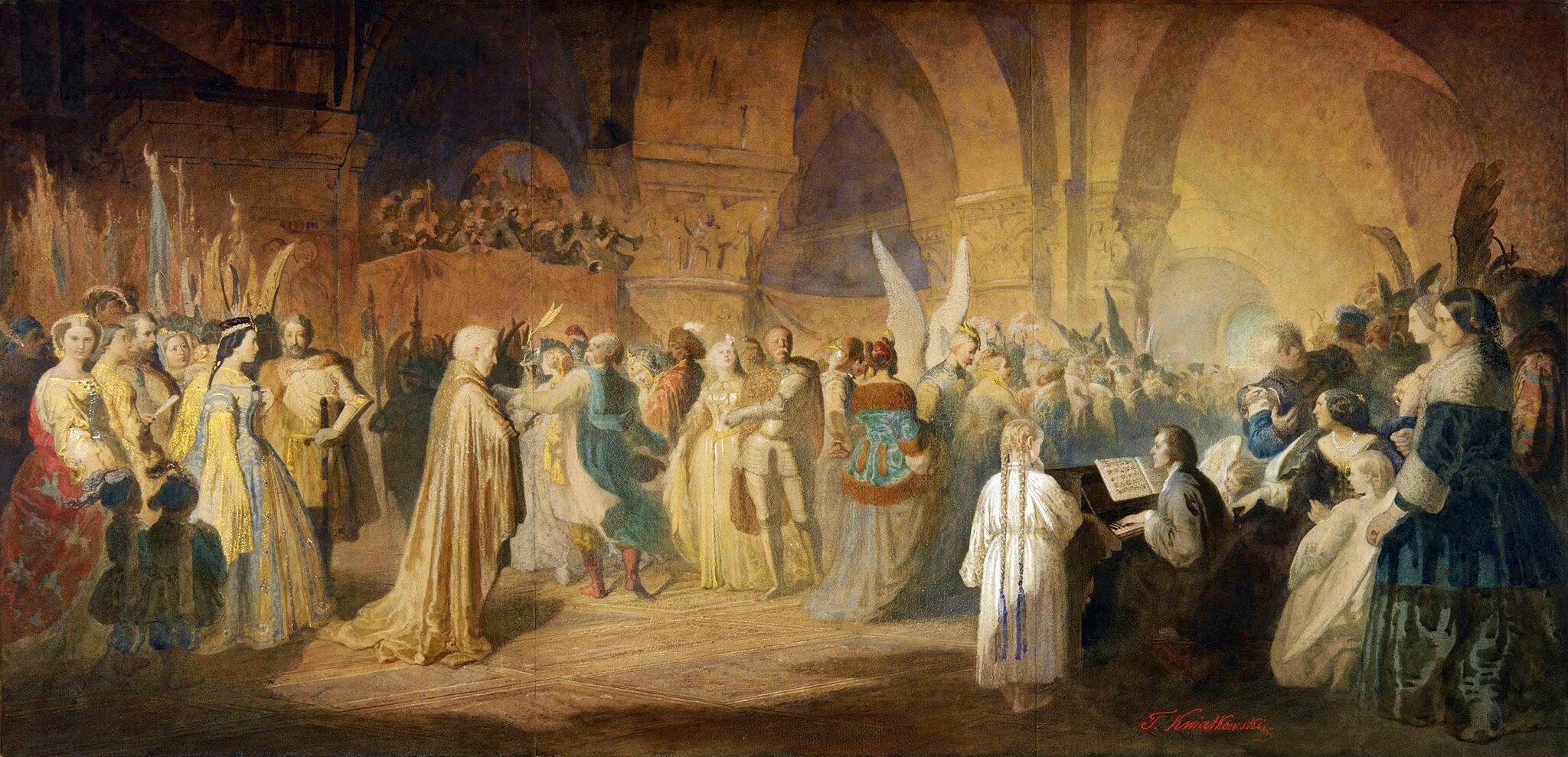 Obraz "Polonez Chopina" przedstawiający grającego artystę na fortepianie a wokół tłum ludzi wsłuchujący się w muzykę.