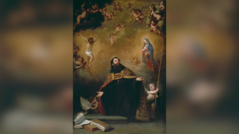 Obraz przedstawia dojrzałego mężczyznę w sutannie i pelerynie. Mężczyzna siedzi, patrzy się w górę. Nad nim unoszą się postacie Matki Boskiej, ukrzyżowanego Jezusa, oraz wielu małych aniołów. Mężczyzna ma szeroko rozłożone ręce.