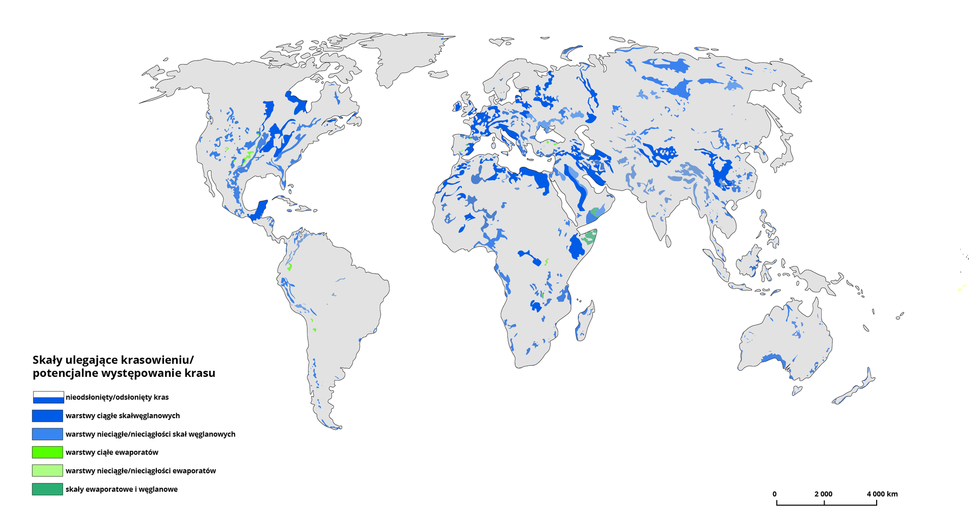 Mapa świata przedstawia kras na świecie. Warstwy ciągłe skał węglanowych występują w środkowej oraz południowej Ameryce Północnej, w środkowej i północnej Afryce, w Europie centralnej, w Azji centralnej i wschodniej. Warstwy nieciągłe/nieciągłości skał węglanowych występują w centralnej części Ameryki Północnej, wzdłuż zachodniego wybrzeża Ameryki Południowej, w środkowej Afryce, w zachodniej Azji oraz na jej krańcach północnych i południowych, a także miejscami  w Australii. Warstwy ciągłe ewaporatów występują w środkowej Ameryce Północnej i na bardzo niewielkich obszarach wzdłuż wybrzeża Ameryki Południowej. Warstwy nieciągłe/nieciągłości ewaporatów występują na bardzo niewielkim obszarze Afryki środkowej. Skały ewaporatowe i węglanowe znajdują się na wschodnim krańcu Afryki.