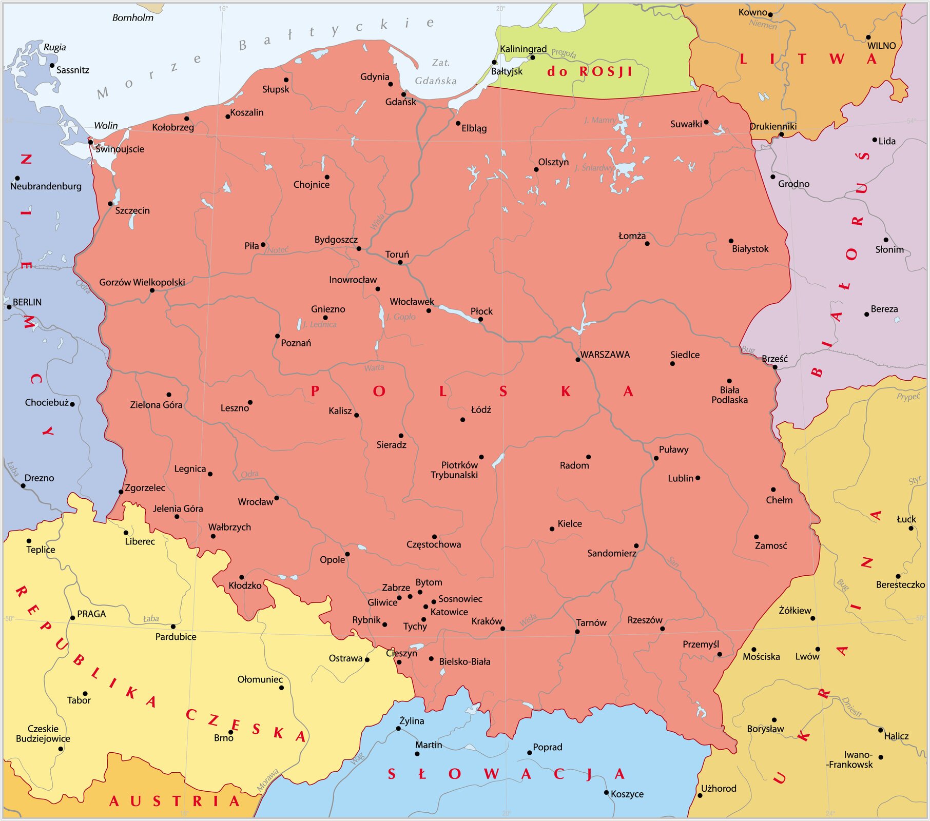 Mapa Polski. Zaznaczono m.in. miasta: Gdańsk, Kołobrzeg, Szczecin, Gdynia, Słupsk, Koszalin, Świnoujście, Chojnice, Elbląg, Olsztyn, Suwałki, Piła, Bydgoszcz, Toruń, Łomża, Białystok, Gorzów Wielkopolski, Inowrocław, Gniezno, Włocławek, Płock, Poznań, Warszawa, Siedlce, Zielona Góra, Leszno, Kalisz, Łódź, Biała Podlaska, Sieradz, Legnica, Zgorzelec, Jelenia, Góra, Wrocław, Wałbrzych, Piotrków Trybunalski, Radom, Puławy, Lublin, Chełm, Kłodzko, Opole, Częstochowa, Kielce, Sandomierz, Zamość, Rybnik, Gliwice, Zabrze, Bytom, Sosnowiec, Katowice, Tychy, Cieszyn, Bielsko‑Biała, Kraków, Tarnów, Rzeszów, Przemyśl. Zaznaczono jeziora: Mamry, Śniardwy, Gopło, Lednica. Zaznaczono rzeki: Wisła, Odra, Warta, Noteć, San. Zaznaczono sąsiadów Polski: Obwód Kaliningradzki, który należy do Rosji, Niemcy; Republikę Czeską; Słowację; Ukrainę; Białoruś; Litwę.