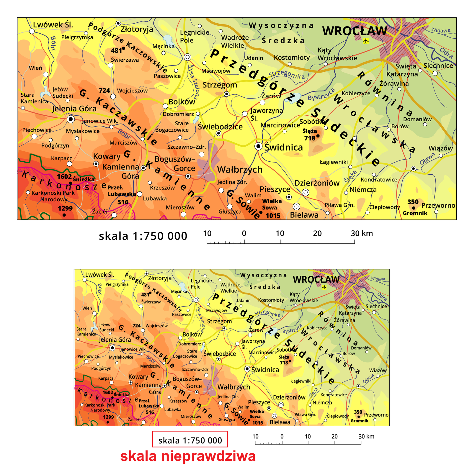 Ilustracja przedstawia mapę fizyczną fragmentu Niziny Śląskiej i Sudetów.  Na mapie zaznaczono wysokość terenu kolorami od ciemnozielonego do czerwonego, większe i mniejsze miasta oraz akweny. Pod mapą skala liczbowa 1:750 000 oraz liniowa, w której jedna jednostka odpowiada dziesięciu kilometrom. Pod spodem ta sama mapa w mniejszym formacie z tymi samymi zapisami pod spodem, skala liczbowa została zaznaczona w czerwonym kwadracie i podpisana skala nieprawdziwa. 