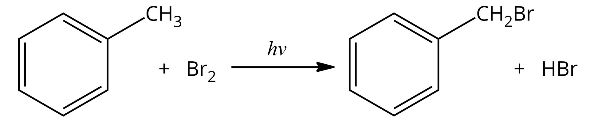 Ilustracja przedstawiająca równanie reakcji. Cząsteczka toluenu, dodać cząsteczkę bromu, strzałka w prawo, nad strzałką zapis hν. Za strzałką cząsteczka o wzorze, który stanowi sześcioczłonowy pierścień aromatyczny połączony z grupą CH2Br. Dodać cząsteczkę bromowodoru.