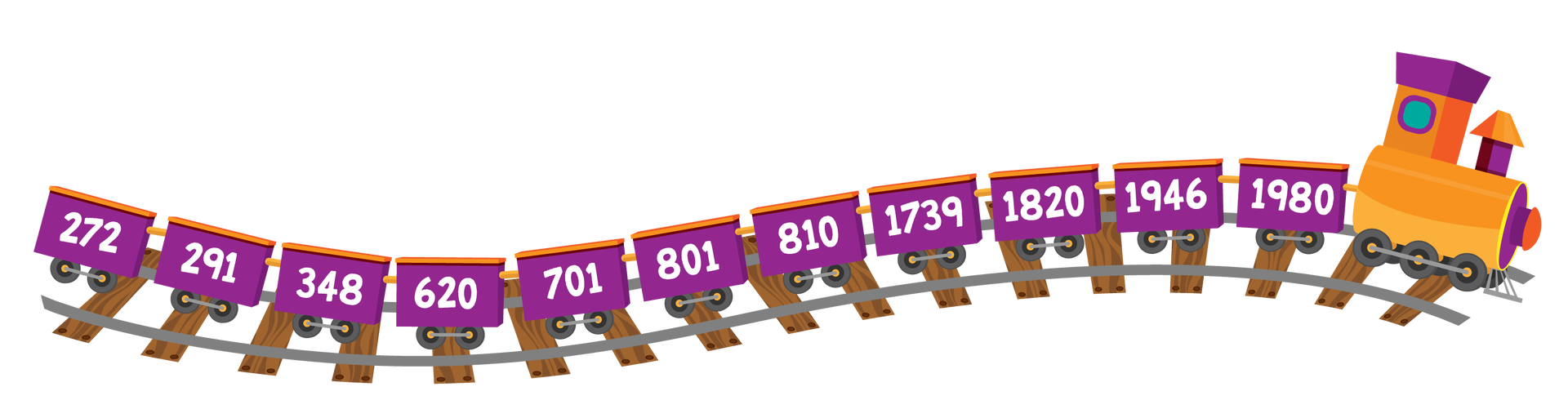 Ilustracja przedstawia pociąg jadący po torach. Po prawej stronie jest pomarańczowo‑fioletowa lokomotywa z małym kominem. Po lewej stronie widać jedenaście doczepionych do niej fioletowych wagoników. Na każdym z nich jest inna liczba zapisana białą czcionką. Od lewej są to kolejno: 272, 291, 348, 620, 701, 801, 810, 1739, 1820, 1946 i 1980.