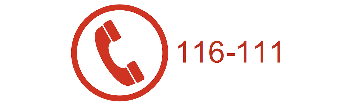 Ikonografika telefonu : słuchawka telefonu umieszczona w kole. Obok zapisany numer 116-111