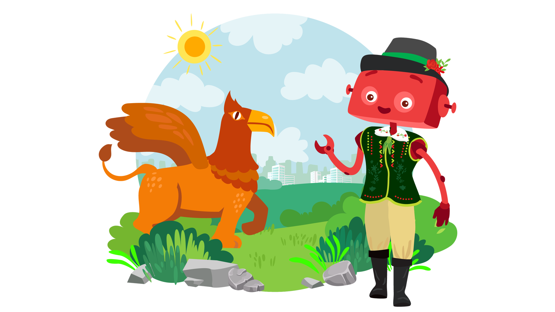 Ilustracja przedstawia rozległy teren porośnięty zielenią. W tle widać błękitne niebo ze słońcem i jasnymi chmurami oraz zarys wysokich budynków miejskich. Na pierwszym planie leży kilka szarych kamieni. Po lewej stronie stoi gryf. Jest to mityczne zwierzę będące pół orłem, pół lwem. Ma złotą sierść i złote pióra, dziób, skrzydła, cztery łapy i długi ogon. Po prawej stronie stoi uśmiechnięty Zgrzytek. Jest to czerwony robot o prostokątnej głowie z krótkimi antenkami zamiast uszu, dwiema rękami i dwiema nogami. Zgrzytek jest ubrany w strój kaszubski. Strój składa się z czarnego kapelusza z zieloną tasiemką i czerwonym kwiatkiem, ciemnozielonej kamizelki w kwiatowy wzór, białego kołnierzyka z kwiatowym haftem, długich beżowych spodni i wysokich czarnych butów. Robot prawą ręką wskazuje gryfa.