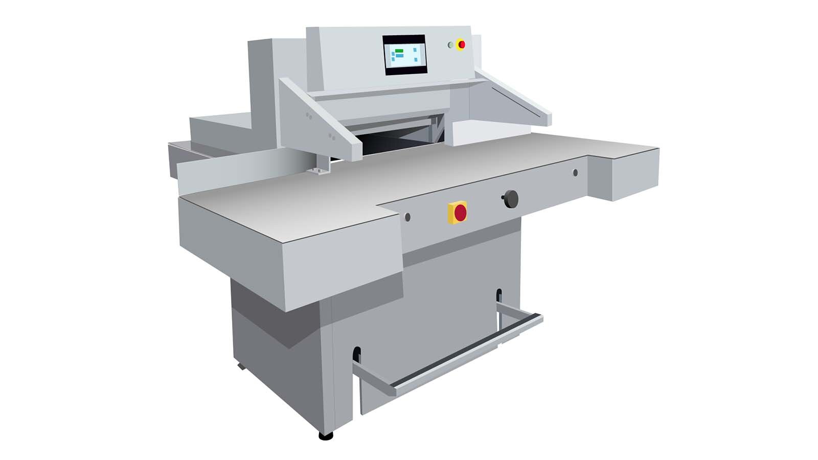 Grafika przedstawia krajarkę. Maszyna ustawiona jest na czterech wkręcanych nóżkach  koloru czarnego o wysokości około od 3 do 4 centymetrów,  służących do wypoziomowania urządzenia. Podstawa maszyny jest wykonana z czterech boków złączonych ze sobą pod kątem prostym. Od frontowego boku podstawy wystaje dwuramienny pedał, połączony od frontu stalową rurką pokrytą od góry antypoślizgowym materiałem. Na podstawie maszyny znajduje się szeroki blat roboczy. Za blatem jest niski, szeroki, głęboki otwór na początku którego znajduje się miejsce robocze noża do cięcia materiału. Powyżej dotykowy ekran. Po jego prawej stronie wyłącznik bezpieczeństwa - otoczka przycisku koloru żółtego natomiast sam wyłącznik koloru czerwonego.