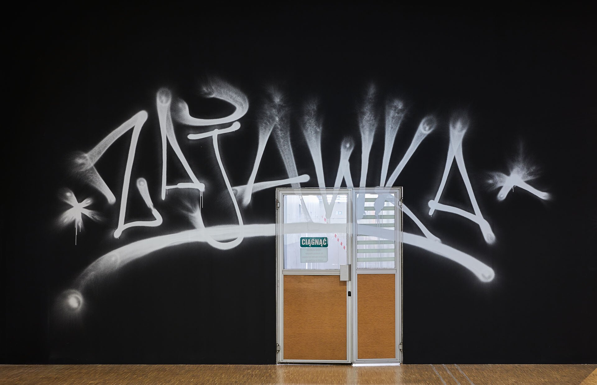 Fotografia autorstwa Rafała Wyrwicha przedstawia drzwi wejściowe na ekspozycję pt. Zajawka, która została poświęcona środowisku hip‑hopowym na śląsku. Drzwi znajdują się na czarnej ścianie, na której jest częściowo na nie nachodzący, obszerny, srebrny napis Zajawka zapisany w stylu graffiti. Po obu stronach napisu umieszczono skrzyżowane linie przypominające gwiazdki, a pod spodem – podkreślenie. W ścianie na wprost widać przejście, do kolejnego pomieszczenia z białymi ścianami.