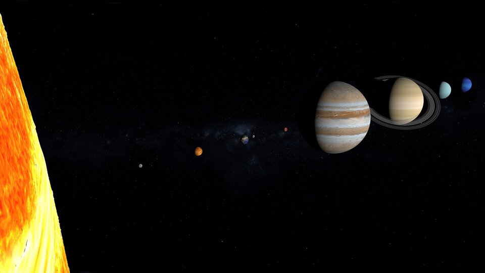 Na zdjęciu planety Układu Słonecznego ustawione w rzędzie. Od lewej znajdują się: Słońce, Merkury, Wenus, Ziemia, Mars, Jowisz, Saturn, Uran i Neptun.