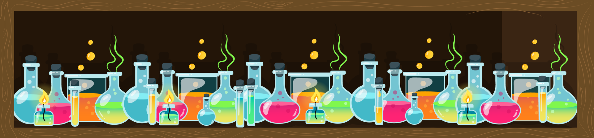 Ilustracja przedstawia brązową ramkę, wewnątrz której na brązowym blacie ustawiono dużą ilość szklanych probówek i pojemników wypełnionych kolorowymi płynami, a także kilka palników służących do podgrzewania płynów. Niektóre pojemniki są zamknięte, a inne otwarte.