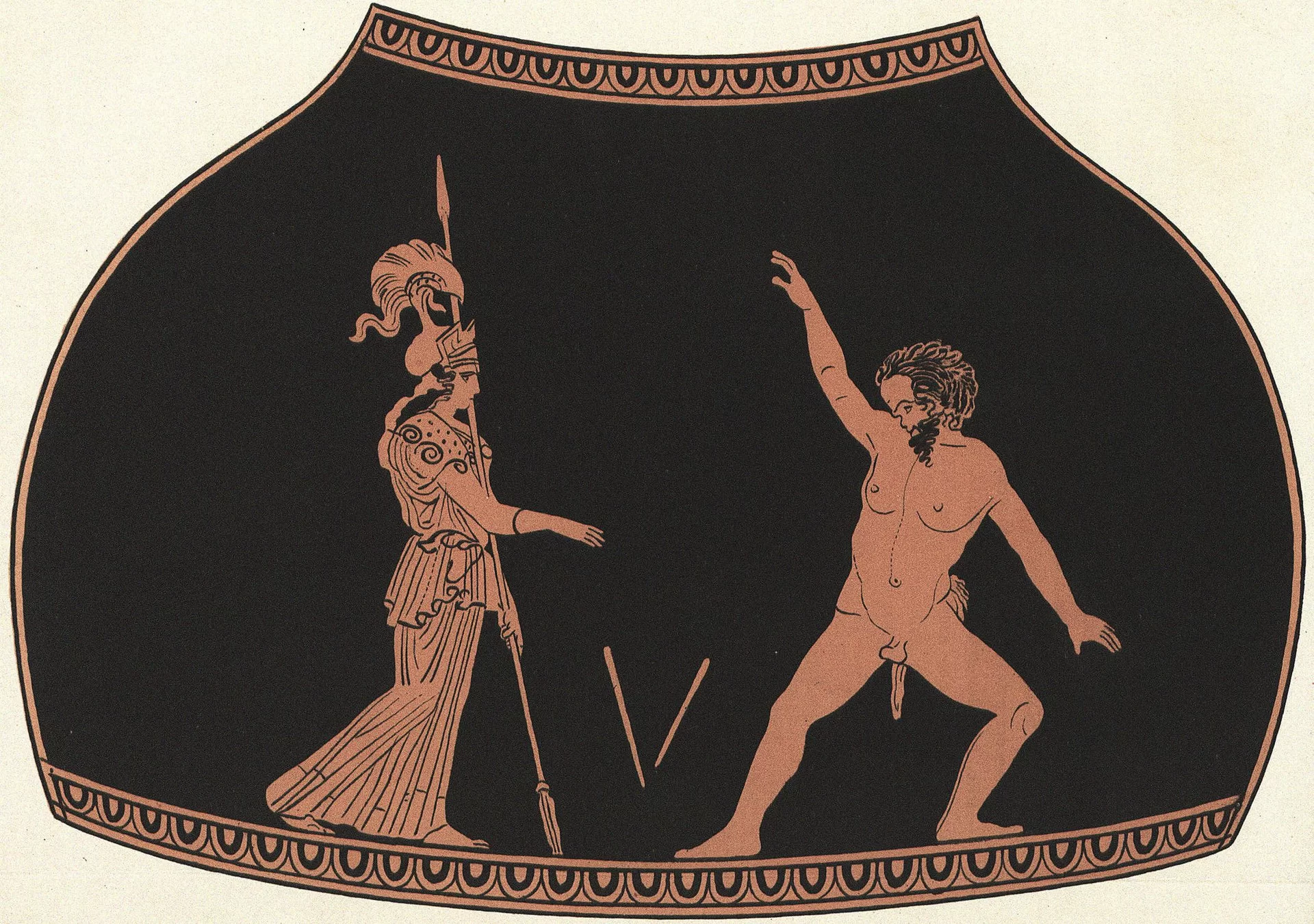 Ilustracja przedstawia dzieło Gustava Hisrchfelda, „Atena i Marsjasz” - reprodukcja czerwono-figurowego malowidła z attyckiej amfory. Wiele wydarzeń z mitologii zostało wyobrażonych na attyckich amforach. Na poniższej reprodukcji czerwono-figurowego malowidła wazowego przedstawiony został moment odrzucenia aulosu przez Atenę i podjęcia go przez satyra Marsjasza.