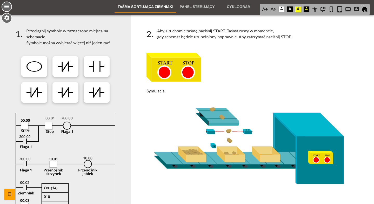 Przykładowy widok symulatora. Nna pasku głównym zaznaczona jest treść: Taśma sortująca ziemniaki. Poniżej po lewej stronie okazane jest sześć symboli do przeciągnięcia w puste miejsca przedstawione na grafice poniżej. Po prawej instrukcja, jak uruchomić symulację ukazaną poniżej. Symulacja uruchomi się jedynie wtedy, jeśli poprawnie naniesiemy symbole.