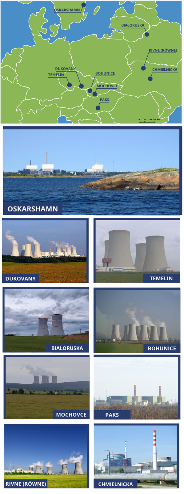 Grafika przedstawia elektrownie jądrowe położone najbliżej granic Polski. Cała grafika jest kształtu prostokąta ustawionego pionowo, gdzie na górze zamieszczona jest ilustracja mapy Polski jak i jej sąsiadów. Państwa są zaznaczone kolorem zielonym a granice kolorem białym. Na ilustracji zaznaczone zostały również nazwy miast, gdzie znajdują się elektrownie. Są to: Isar w Niemczech, Temelin i Dukovany w Czechach, Bohunice i Mochove na Słowacji, Paks na Węgrzech, Rivne (Równe) i Khmelnitsky na Ukrainie, Oskarshamn w Szwecji. Pod zdjęciem mapy, są zamieszczone fotografie ukazujące jak dane elektrownie wyglądają oraz ich nazwy. Oskarshamn – Na pierwszym planie zbiornik wodny, na drugim zabudowania elektrowni nad brzegiem. Dukovany – płaski teren, na pierwszym planie pole uprawne, dalej las, a za nim duże, szerokie kominy elektrowni, z których wydobywa się para oraz zabudowania elektrowni. Temelin – fotografia czterech dużych, betonowych kominów o kilkudziesięciometrowej średnicy. Isar – fotografia lotnicza prezentująca kompleks budynków elektrowni. Położone nad zbiornikiem wodnym, pośrodku ogromy, szeroki komin. Bohunice - płaski teren, na pierwszym planie pole uprawne, a dalej szerokie kominy elektrowni, z których wydobywa się para. Mochovce – płaski teren, dalej niewielkie wzniesienie pokryte lasem, a za nim ogromne, dymiące kominy o średnicy kilkudziesięciu metrów każdy. Paks – rozległe, podłużne budynki elektrowni, przed nimi wysokie kominy. Rivne (Równe) – rząd ogromnych, szerokich kominów, dalej zabudowania elektrowni. Na pierwszym planie pole. Khmelnitsky – zabudowania elektrowni, ogromne gmachy, kominy, rury. 