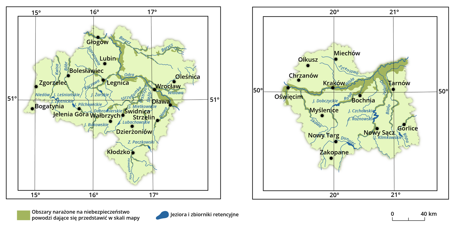 Ilustracja. Na ilustracji dwa województwa, z lewej - dolnośląskie, z prawej małopolskie. Na środku legenda, kolorem zielonym oznaczono obszary narażone na niebezpieczeństwo powodzi dające się przedstawić w skali mapy, niebieskim jeziora i zbiorniki retencyjne. Na obszarze województw opisano równoleżniki i południki co jeden stopień. Na mapach zaznaczono główne miasta i rzeki. Na terenie województwa dolnośląskiego największe zagrożenie powodzią występuje wzdłuż Odry, Kaczawy, Strzegomki, Baryczy oraz miejscowo wokół Kłodzka. W województwie małopolskim największe zagrożenie powodzią występuje wzdłuż Wisły, Białej i Raby.