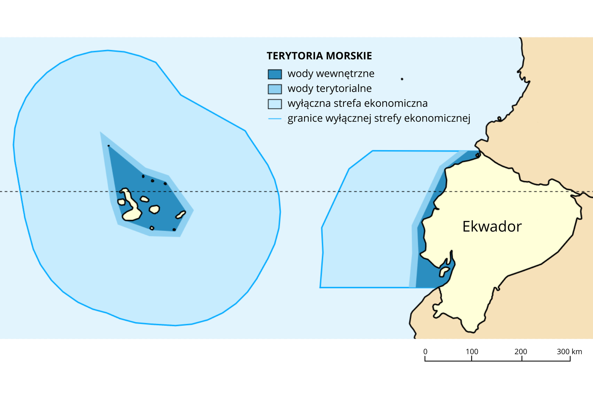 Na ilustracji znajduje się schemat klasyfikacji obszarów morskich Ekwadoru i Wysp Galapagos. Po prawej stronie schematu widać stały ląd, na nim zaznaczone są granice Ekwadoru. Przy jego wybrzeżu znajdują się oznaczone na niebiesko wody wewnętrzne. Obejmują one przybrzeżne zatoki. Dalej w głąb oceanu są zaznaczone na kolor jasnoniebieski wody terytorialne, a w głębi morza wysunięta wyłączna strefa ekonomiczna. Jej granice niemal stykają się z granicami wyłącznej strefy ekonomicznej Wysp Galapagos. Niedaleko tego archipelagu w zaczynają się wody terytorialne, a pomiędzy poszczególnymi wyspami są wody wewnętrzne. Wyłączna strefa ekonomiczna, podobnie jak w przypadku Ekwadoru, również obejmuje obszar dość daleko odsunięty od wysp.