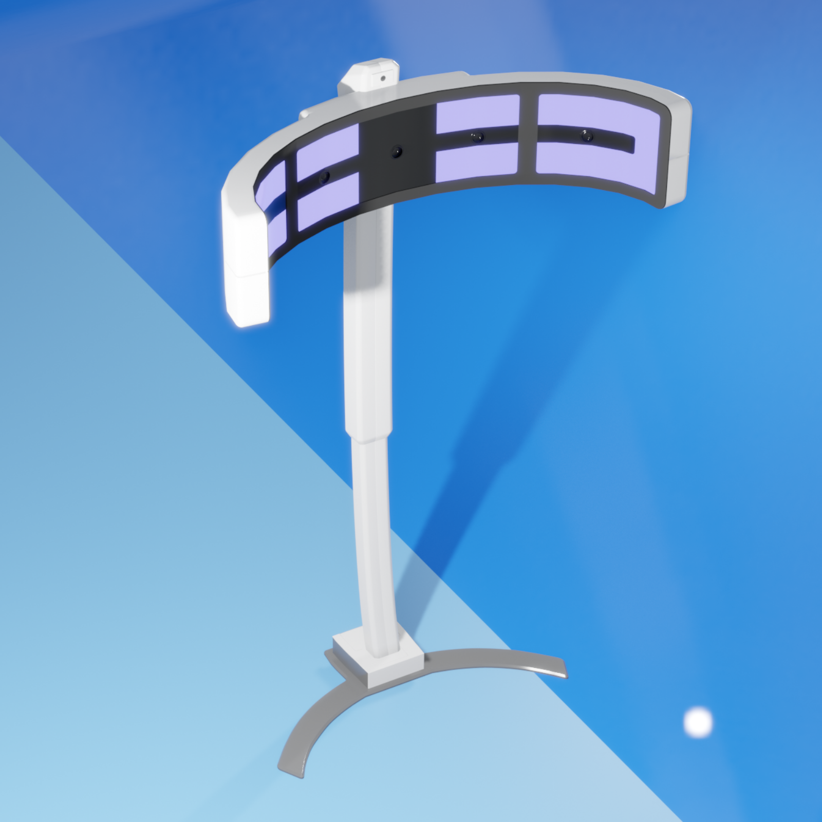 Na grafice przedstawiono skaner optyczny. Jest to narzędzie stojące na podpórce. W jego górnej części znajduje się półkolisty element ze światłami i kamerkami. Służy do pomiarów optycznych.