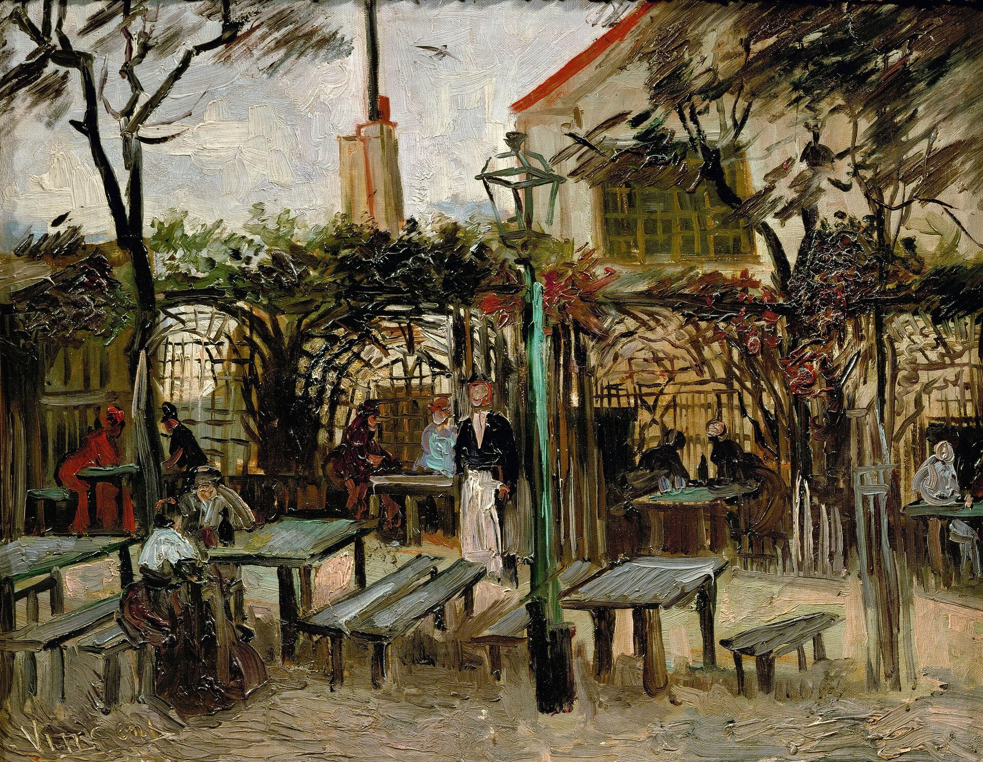Na zdjęciu widoczny jest obraz, który przedstawia scenę guinguette, czyli popularnej francuskiej restauracji, nad brzegiem rzeki. Van Gogh wykorzystał swój charakterystyczny styl malarski, aby uchwycić atmosferę i kolory tego miejsca. Obraz ukazuje ludzi, stoły, muzyczne występy i ogólną radość, która towarzyszyła życiu w guinguette w tamtym czasie.