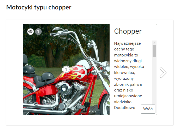 Zrzut po kliknięciu znacznika na motocyklu typu Chopper. obok obrazka pojawia się opis danego typu motocykla.