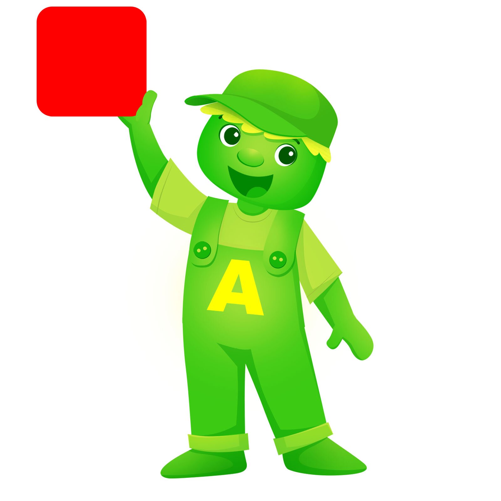 Ilustracja przedstawia ludzika o imieniu Ampel. Ubrany jest w ogrodniczki, koszulkę i czapkę z daszkiem. W ręce trzyma czerwoną kartkę. 