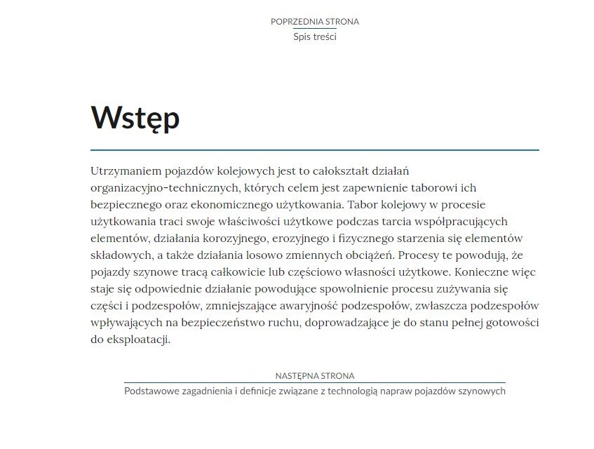 Zrzut ekranu przedstawia widok na przykładowy rozdział e‑booka. U góry strony widać przycisk z odnośnikiem do poprzedniej strony e‑booka. Poniżej widoczny jest nagłówek Wstęp oraz akapit tekstu. Na dole widać przycisk z odnośnikiem do kolejnej strony e‑booka.