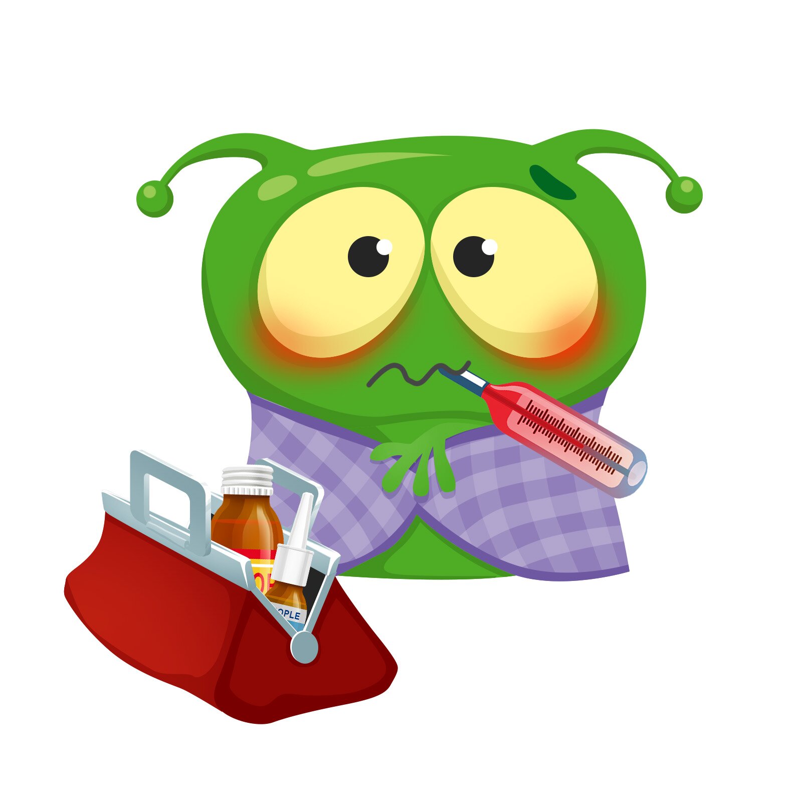 Ilustracja przedstawia kosmitę owiniętego w koc. Mierzy temperaturę, ma gorączkę. Obok leży torba lekarska. 