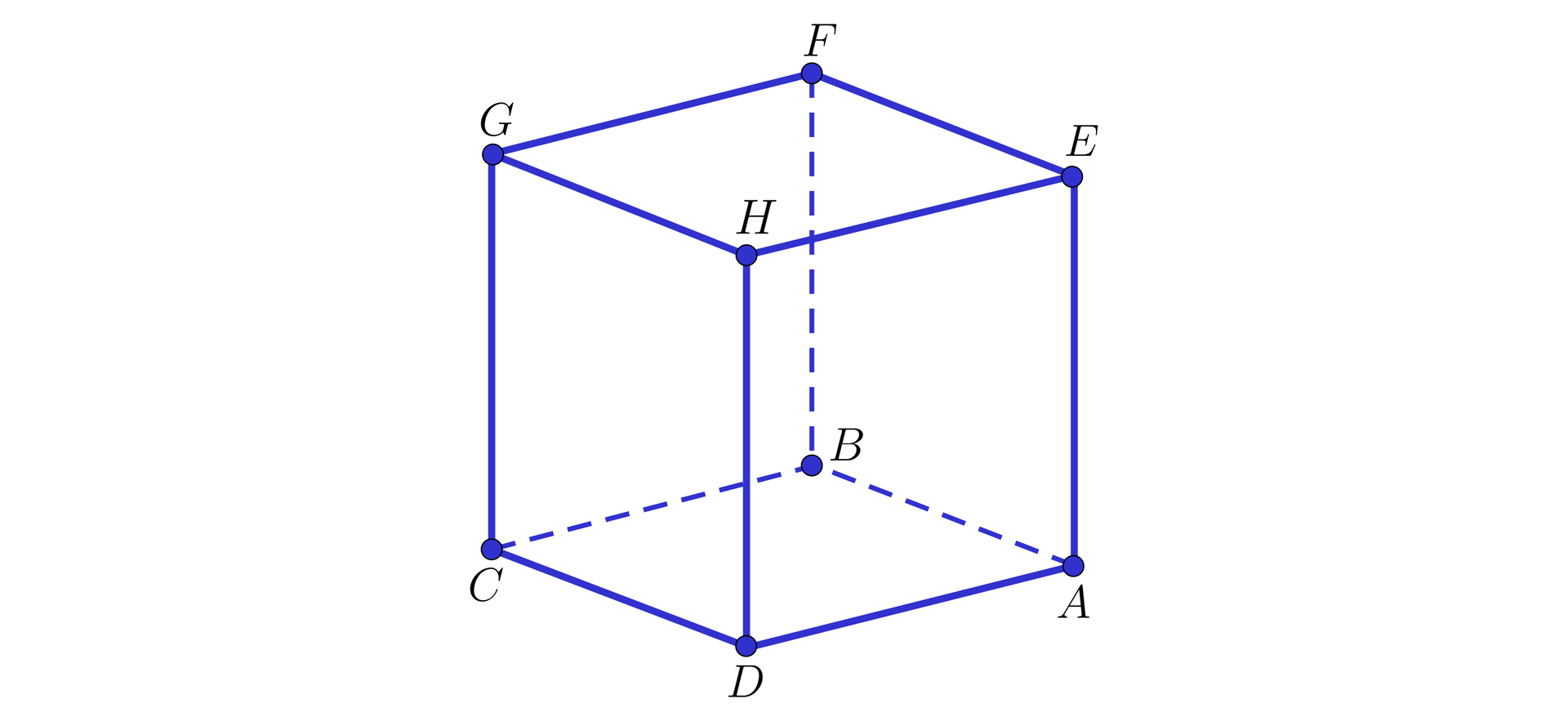 Ilustracja przedstawia sześcian A B C D E F G H, gdzie wierzchołek E znajduje się nad A, wierzchołek F nad B, wierzchołek G nad C, wierzchołek H nad D.   