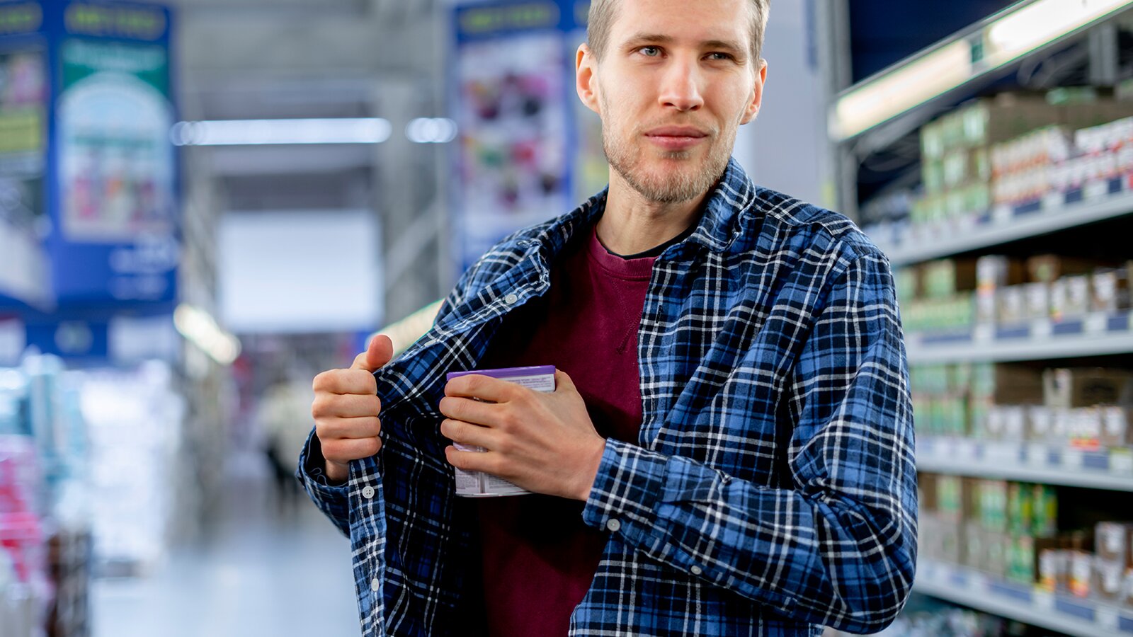 Zdjęcie przedstawia mężczyznę w sklepie, który prawą ręką odchyla jedną część rozpiętej koszuli. Lewą ręką chowa pod koszulę produkt sklepowy w okrągłym opakowaniu.