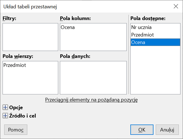 Ilustracja przedstawia okno dialogowe Układ tabeli przestawnej. Jest tu pięć pół: Filtry, Pola kolumn, Pola wierszy, Pola danych, Pola dostępne. W oknie Pola dostępne zaznaczona jest opcja Ocena. Poniżej znajdują się trzy przyciski: Pomoc, OK i Anuluj.