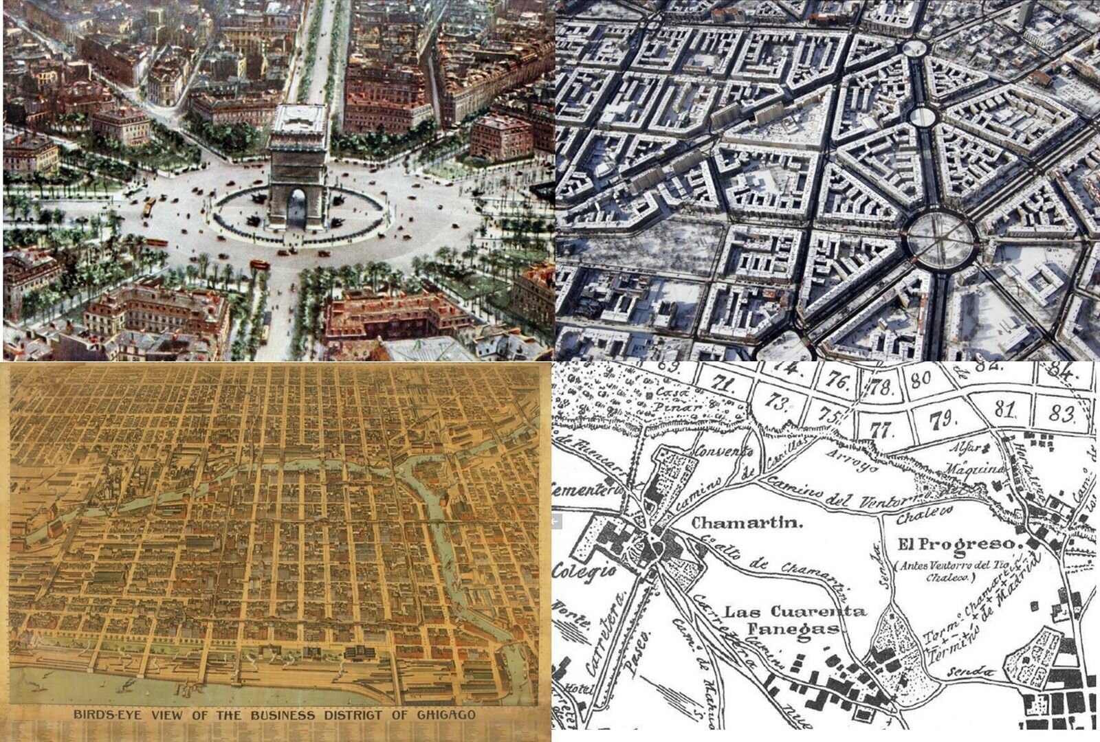 Fotokolaż z czterech fotografii: dwie na górze, dwie na dole. Ilustracja z lewej strony na górze przedstawia widok z lotu ptaka na fragment Paryża. W centrum zdjęcia, na okrągłym placu, znajduje się Łuk Triumfalny. Wokół placu znajduje się rondo, po którym jadą auta. Od ronda promieniście rozchodzą się ulice, pomiędzy którymi przestrzeń jest wypełniona architektoniczną zabudową z drzewami. Ilustracja obok przedstawia widok z lotu ptaka na fragment Szczecina. Fotografia ukazuje siatkę ulic z zabudową architektoniczną. Na zdjęciu znajdują się trzy ronda i promieniście rozchodzące się od nich ulice. Przestrzeń pomiędzy ulicami wypełniają budynki i place. Na ilustracji na dole od lewej znajduje się widok z lotu ptaka na miasto Chicago z 1898 roku. Ulice miasta tworzą regularną siatkę - są względem siebie równoległe i prostopadłe. Przez miasto płynie rzeka, tworząc dwa łukowate rozgałęzienia. U dołu widoczny jest brzeg Jeziora Michigan. Ilustracja obok przedstawia liniowy plan miasta Madryt. W górnej części umieszczone są ponumerowane działki. Na mapie znajdują się podpisy ważnych miejsc miasta oraz zaznaczona jest główna ulica łącząca najważniejsze części miasta. 