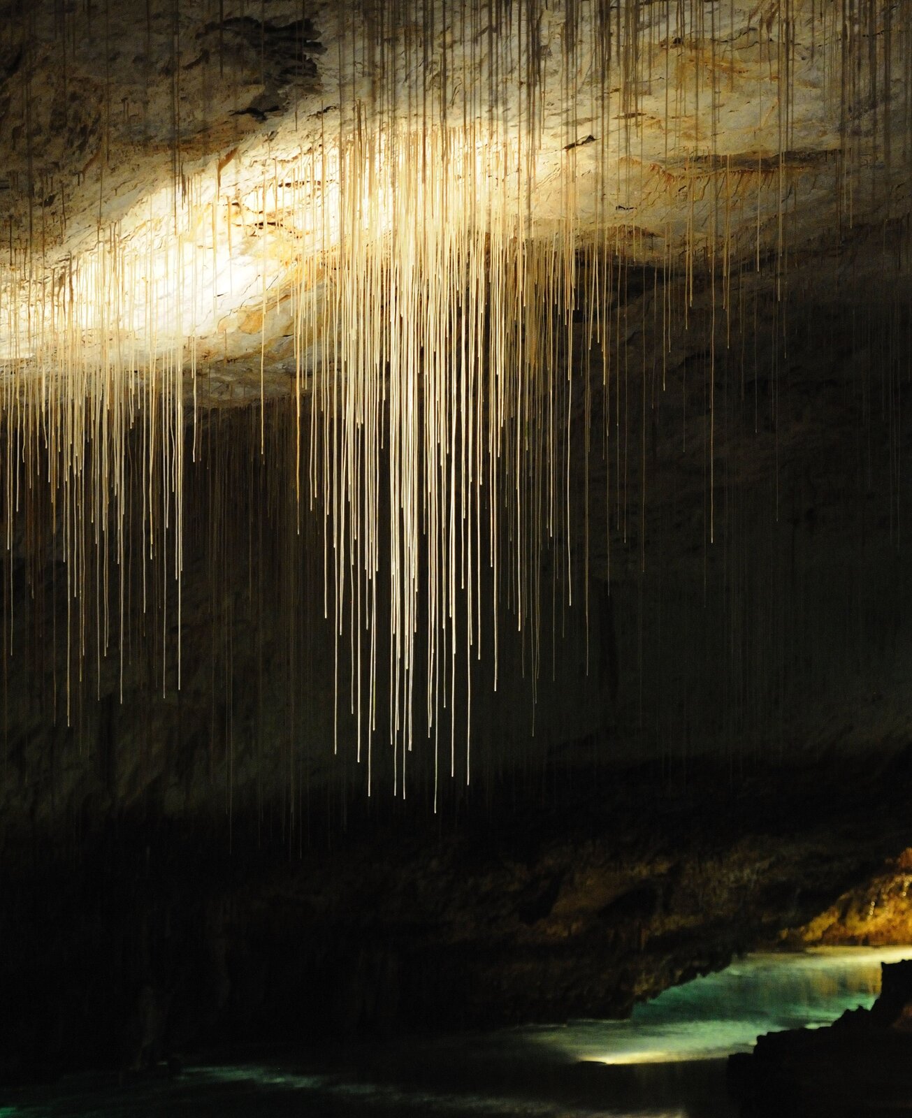 Zdjęcie przedstawia jaskinię krasową. Widoczne są cienkie stalaktyty nazywane są makaronami. Stalaktyt jest to grawitacyjny naciek jaskiniowy mający najczęściej kształt wydłużonego, odwróconego stożka, narastającego od stropu jaskini krasowej ku jej spągowi.