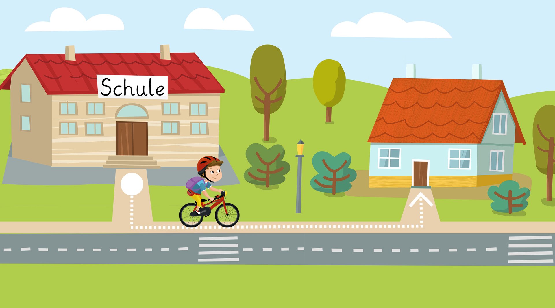 Ilustracja przedstawia chłopca, który jedzie na rowerze ze szkoły do domu.
