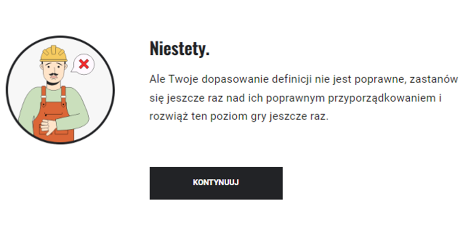 Ekran z negatywnym komunikatem