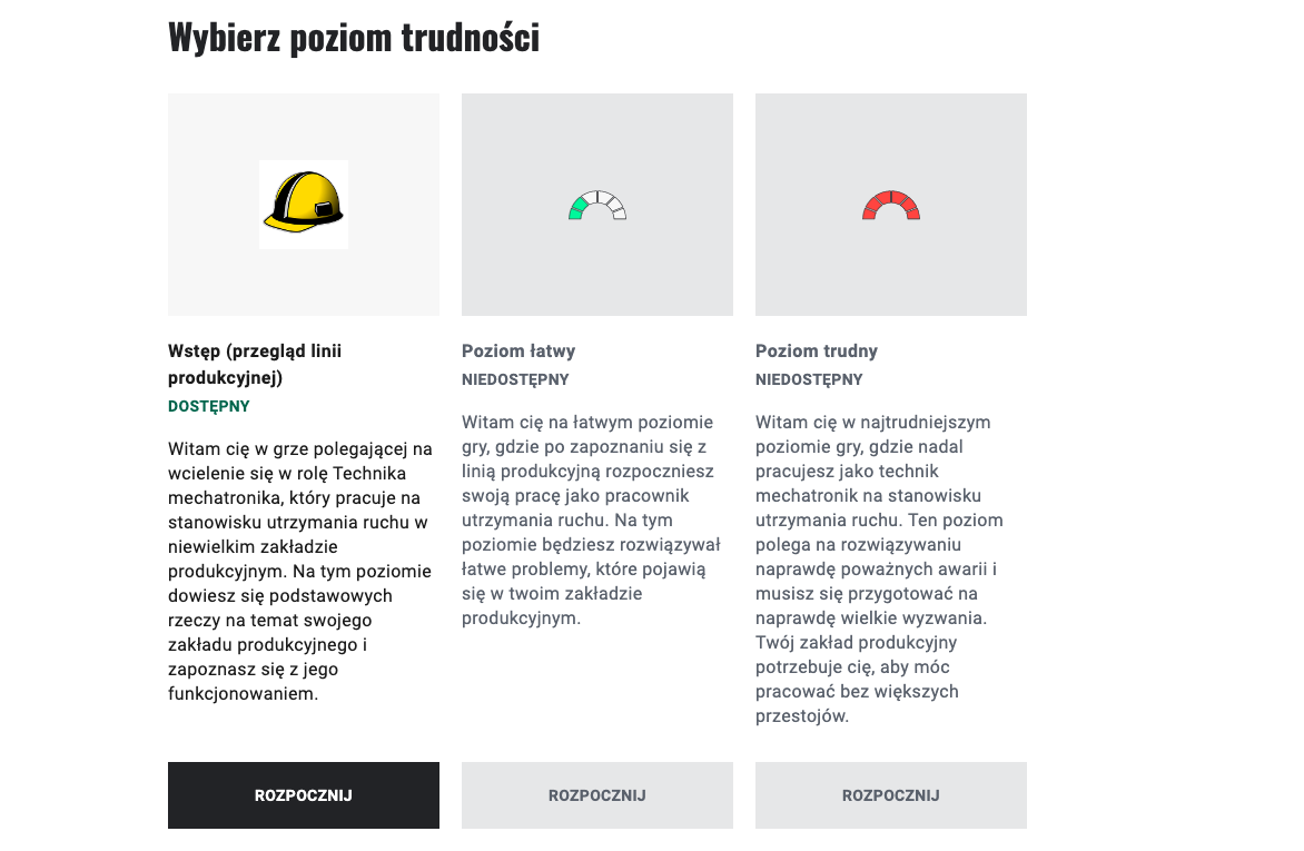 Okno wyboru poziomu gry. Na górze znajduje się napis: Wybierz poziom trudności poniżej trzy obrazki z opisami określające poziomy. Pierwsza grafika przedstawia żółty kask. Niżej napis: Wstęp przegląd linii produkcyjne. Poniżej zielony napis: Dostępny. Poniżej opis na czym polega poziom. Na dole klawisz rozpocznij. Kolejne dwie grafiki symbolizują poziom łatwy oraz poziom trudny, obydwa poziomy są niedostępne. Poniżej tej informacji znajduje się opis poziomów, poniżej nieaktywne klawisze z napisem: rozpocznij.