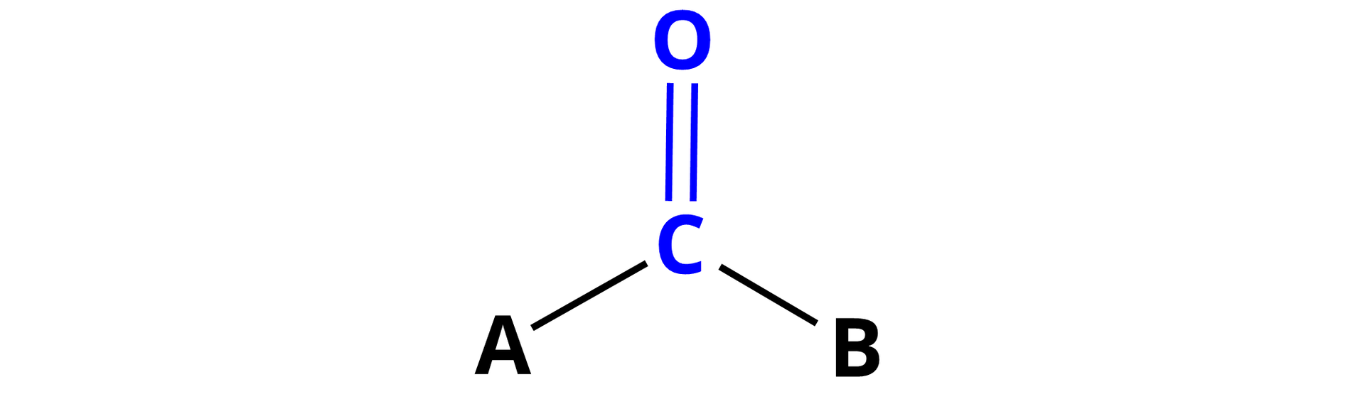 Ilustracja przedstawiająca wzór ogólny grupy karbonylowej. Atom węgla połączony jest za pomocą wiązania podwójnego z atomem tlenu oraz za pomocą wiązań pojedynczych z grupą A oraz z grupą B. 