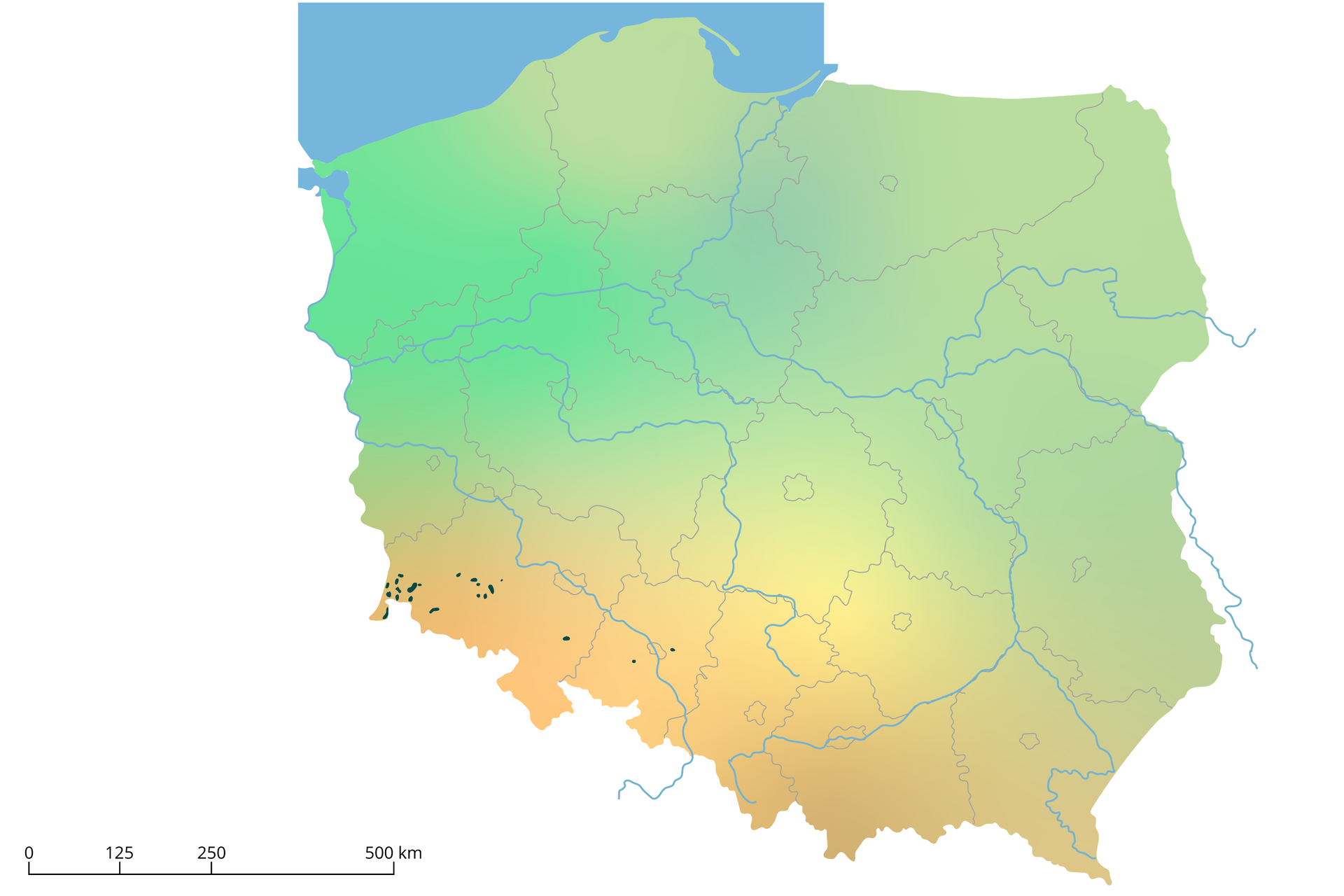 Mapa I. Na mapie Polski w województwach dolnośląskim (na zachodzie oraz w centrum) i w centrum województwa opolskiego są nieliczne ciemnozielone punkty.  