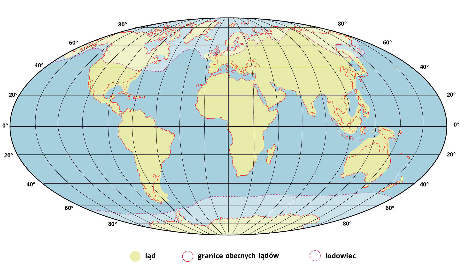 Ilustracja przedstawia Ziemię w czwartorzędzie. Na mapie jest współczesny układ kontynentów. Na południu lodowiec wychodzi poza obszar Antarktydy. Na północy lodowiec obejmuje niemal całą Kanadę, Alaskę, Grenlandię, północną część Europy aż po Wyspy Brytyjskie, północną Azję. 