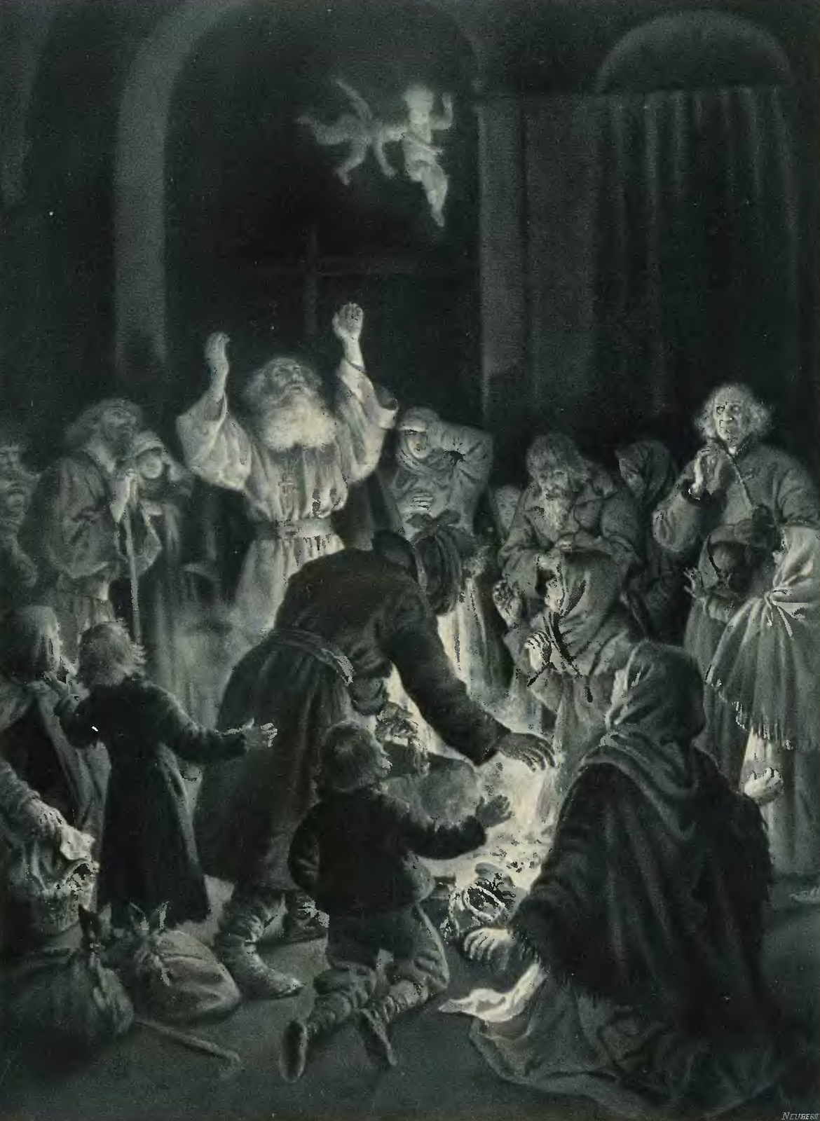 Czarno‑biała ilustracja przedstawia ludzi zgromadzonych w kaplicy wokół źródła światła znajdującego się na podłodze, które znajduje się pośrodku pomieszczenia. Starszy brodaty mężczyzna wznosi wysoko ręce ku górze. Za zgromadzonymi w kręgu ludźmi znajduje się wejście do kaplicy, nad którym unosi się dwójka aniołków. Na zewnątrz kaplicy widoczny jest wysoki krzyż. Nad światłem nachyla się sędziwy mężczyzna, za nim stoi chłopiec w czarnym płaszczu z szeroko rozpostartymi ramionami. Obok dziecka po lewej stronie klęczy na podłodze drugi chłopiec. Dalej widzimy klęczącą dziewczynę w czarnej chuście, obok niej kobietę z nisko zwieszoną głową oraz starszego mężczyznę przyglądającego się wszystkiemu z uwagą. Dalej widoczny jest przygarbiony starzec z brodą, młoda dziewczyna. W tle widać mężczyznę opierającego się o lasce. 