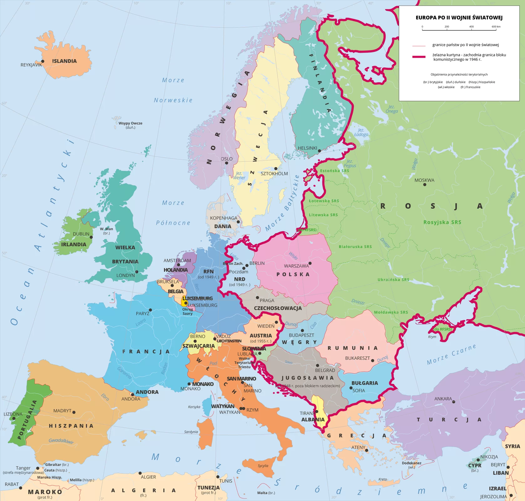 Mapa przedstawia Europę po drugiej wojnie światowej. Do bloku wschodniego należał Związek Radziecki, Rumunia, Bułgaria Jugosławia, Albania, Czechosłowacja, Węgry oraz Polska.