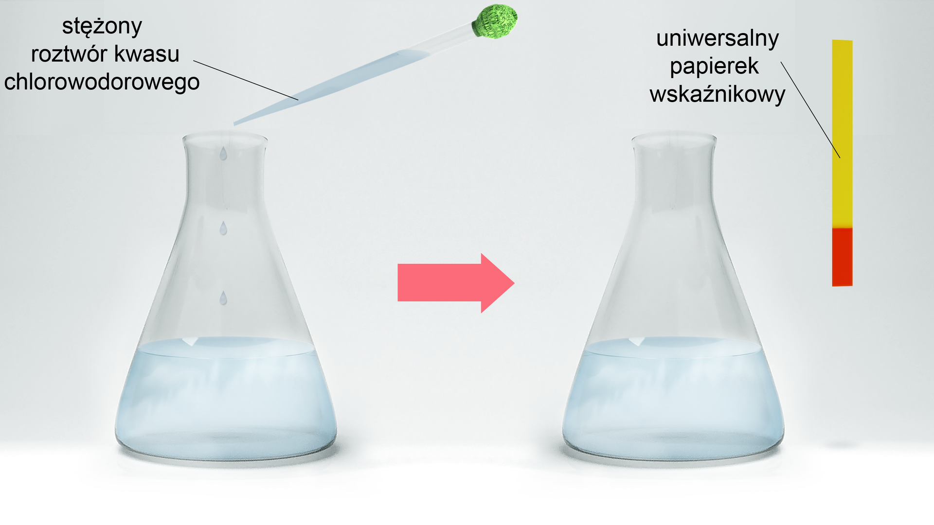 Na ilustracji jest kolba, w której znajduje się mętna ciecz. Pipetą dodano kilka kropli stężonego roztworu kwasu chlorowodorowego. Po włożeniu uniwersalnego papierka wskaźnikowego zabarwił się on na dole na czerwono.   