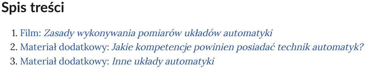 Grafika przedstawia spis treści składający się z trzech punktów. Każdy z punktów nawiguje do innej części zakładki.