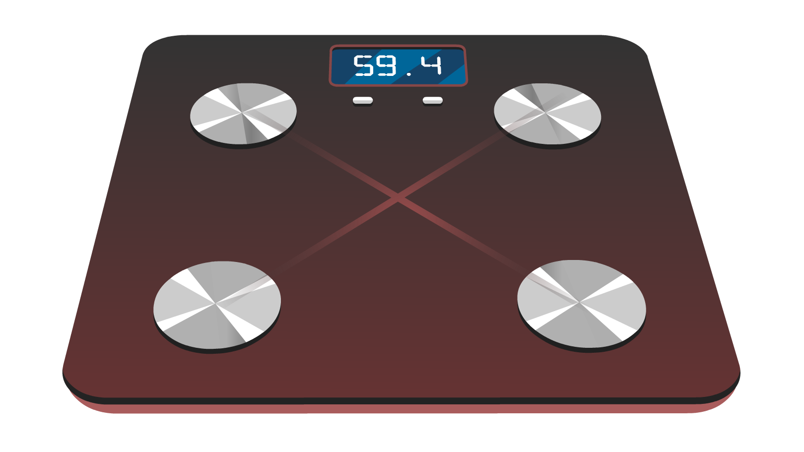Kliknij aby powiększyć Na ilustracji płaska waga ze szklaną, brązowo‑bordową powierzchnią i niebieskim wyświetlaczem z białymi cyframi . Na wadze symetrycznie rozmieszczone metalowe, okrągłe elektrody - na planie kwadratu, a dokładniej w jego wierzchołkach. Pomiędzy nimi, przebiegają po śladzie przekątnych tego kwadratu proste w kolorze bordowym. Na wyświetlaczu widoczny wynik pomiaru - 59,4.