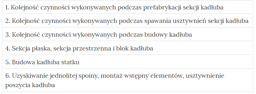 Zdjęcie przedstawia przykładowy wygląd zakładek zawierających interaktywne materiały sprawdzające. Składają się one z prostokątnych paneli umieszczonych jeden pod drugim. Każdy panel posiada numer oraz tytuł, który nawiązuje do zawartego w nim zadania.