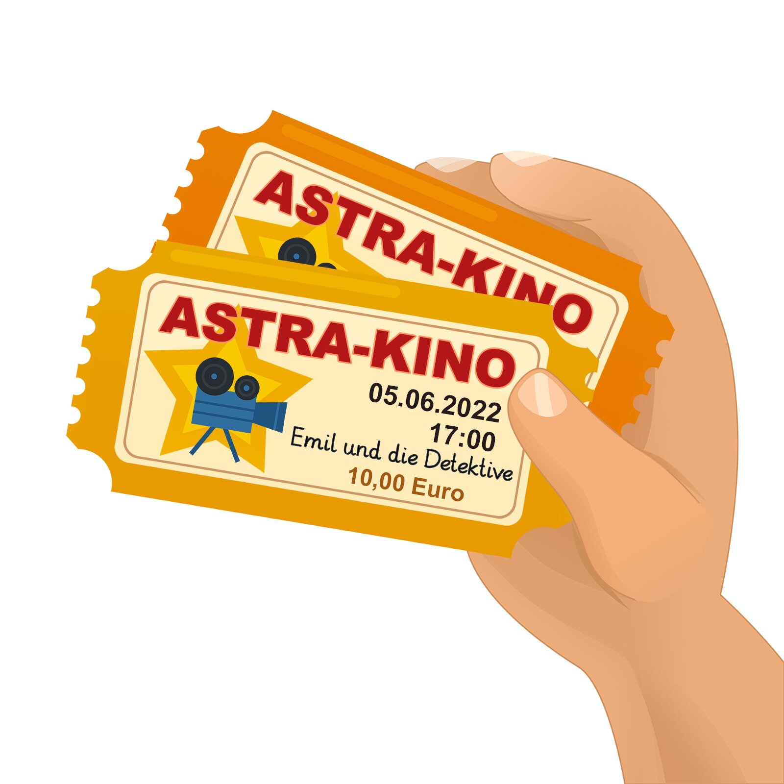 Ilustracja przedstawia dłoń trzymającą dwa bilety kinowe. Na biletach widnieje ikona projektora oraz napis: ASTRA KINO Emil und die Detektive. Bilety są na seans z datą szóstego czerwca dwa tysiące dwudziestego drugiego roku na godzinę siedemnastą i kosztowały dziesięć euro.