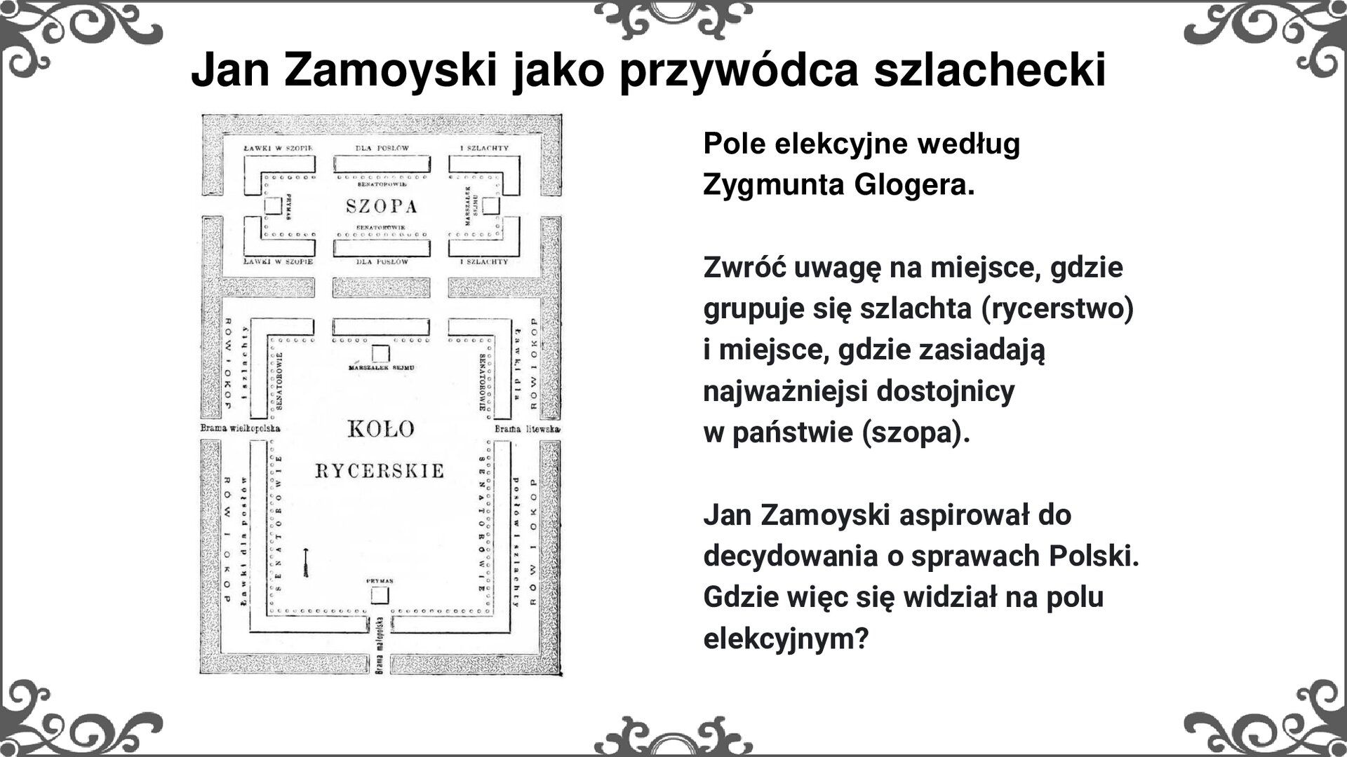 Slajd z ilustracją po lewej stronie, przedstawiającą schemat pola elekcyjnego w czasach Rzeczpospolitej szlacheckiej. Na planie prostokąta wpisane dwie grupy: szopa (mniejsza, dla najwyższych dostojników w państwie) i koło rycerskie (zgrupowanie szlachty podczas obrad). Zewnętrzne obramowanie prostokąta stanowiły rowy i okopy. Do koła rycerskiego prowadziły brama wielkopolska (z lewej) i brama litewska (z prawej). Wewnątrz pól: szopy i koła rycerskiego znajdowały się ławy dla posłów, senatorów i uczestników elekcji.  Tytuł slajdu: Jan Zamoyski jako przywódca szlachecki. Tekst po prawej stronie slajdu: Pole elekcyjne według Zygmunta Glogera. Zwróć uwagę na miejsce, gdzie grupuje się szlachta (rycerstwo) i miejsce, gdzie zasiadają najważniejsi dostojnicy w państwie (szopa). Jan Zamoyski aspirował do decydowania o sprawach Polski. Gdzie więc się widział na polu elekcyjnym? Slajd zdobi ornament w narożnikach karty, i pośrodku jej dłuższych boków.
